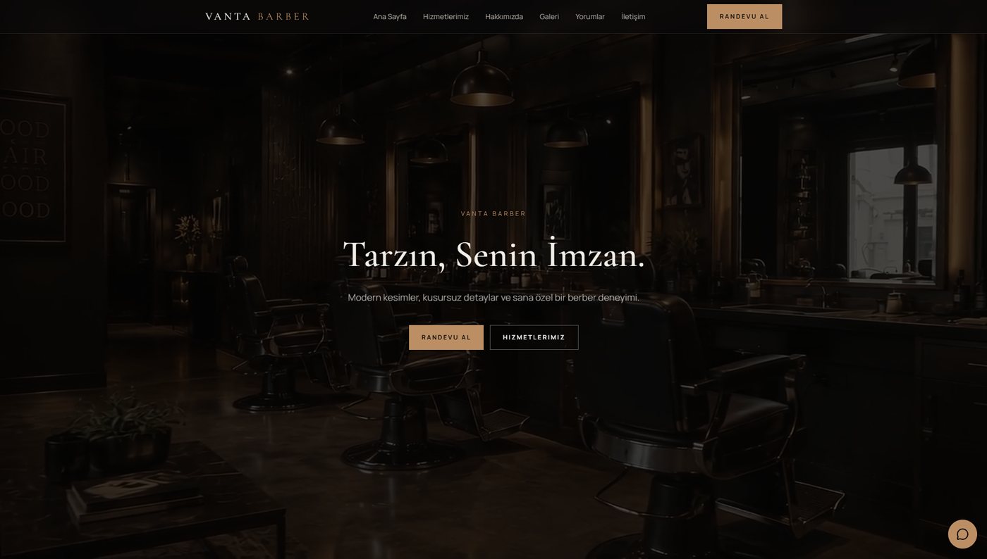 Vanta Barber web sitesi ana sayfası